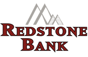 Logo with the text "Redstone Bank" and abstract gray mountain design above.
