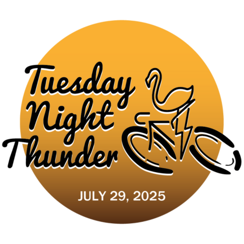 Logo with "Tuesday Night Thunder," a flamingo on a bike, and the date July 29, 2025, on an orange circle.