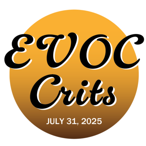 A yellow-orange circle with the text "EVOC Crits JULY 31, 2025" in white and black script.