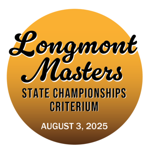 A gold circle logo reads "Longmont Masters State Championships Criterium August 3, 2025.