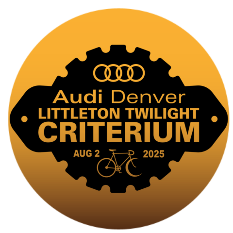 Gold circle with "Audi Denver Littleton Twilight Criterium August 2, 2025" in black and white text.