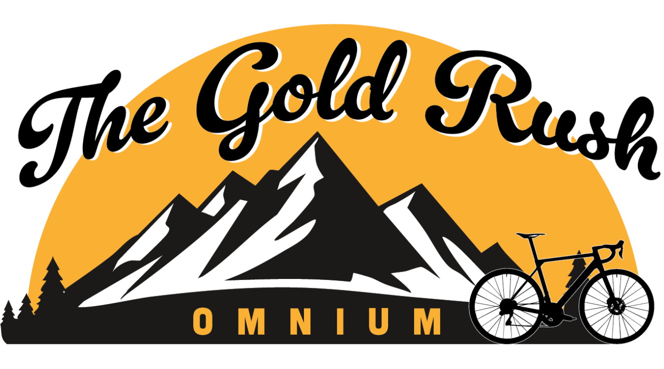 A mountain graphic with a bike in front and the words "The Gold Rush Omnium" above and below.