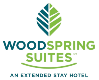Logo of Woodspring Suites, an extended stay hotel, with a stylized leaf design above the name.