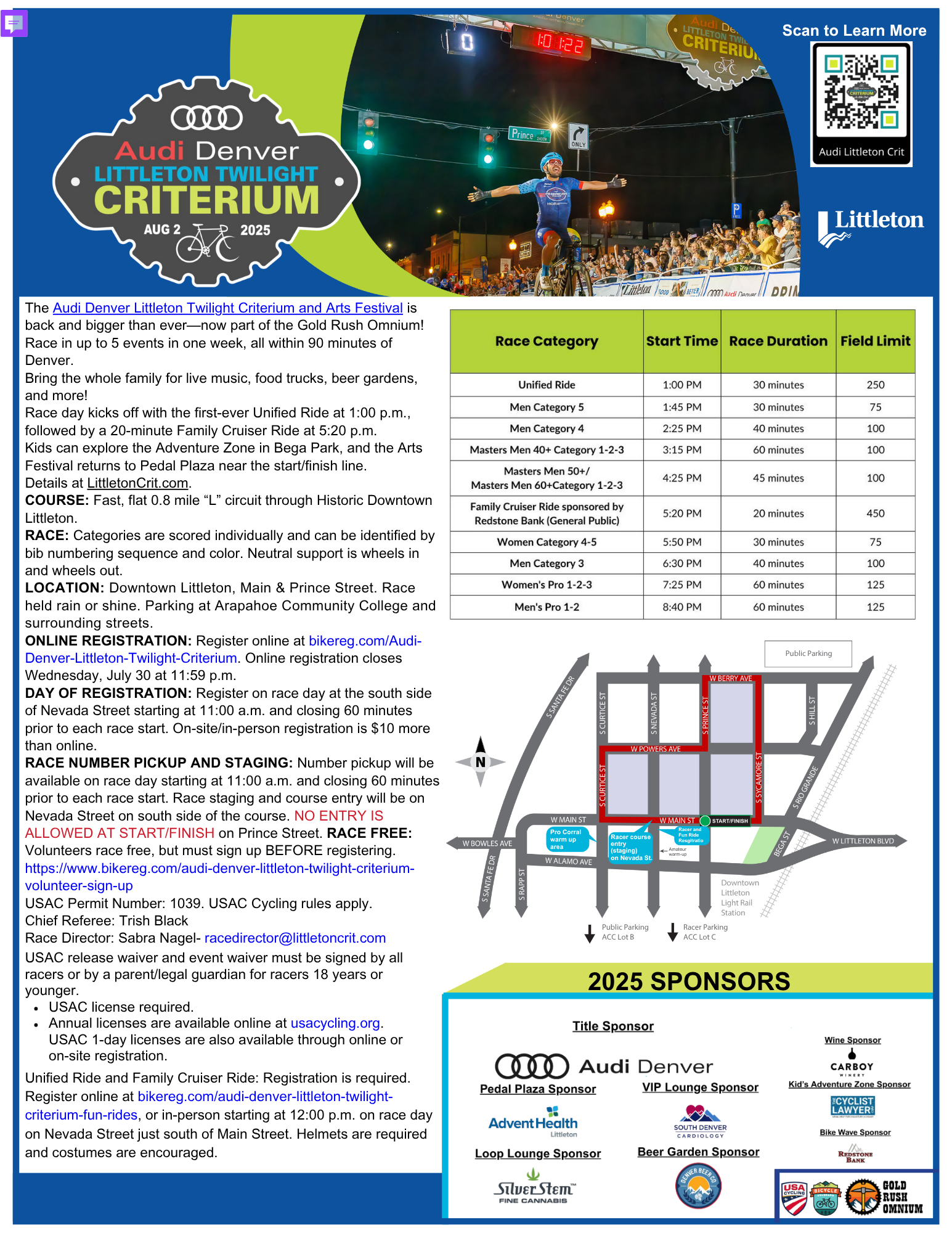 Event flyer for the 2025 Littleton Twilight Criterium with race details, schedule, map, and sponsors.