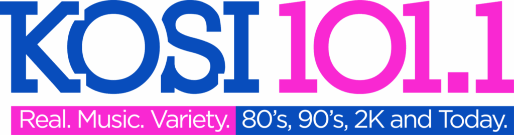 KOSI 101.1 logo with text: Real. Music. Variety. 80’s, 90’s, 2K and Today.