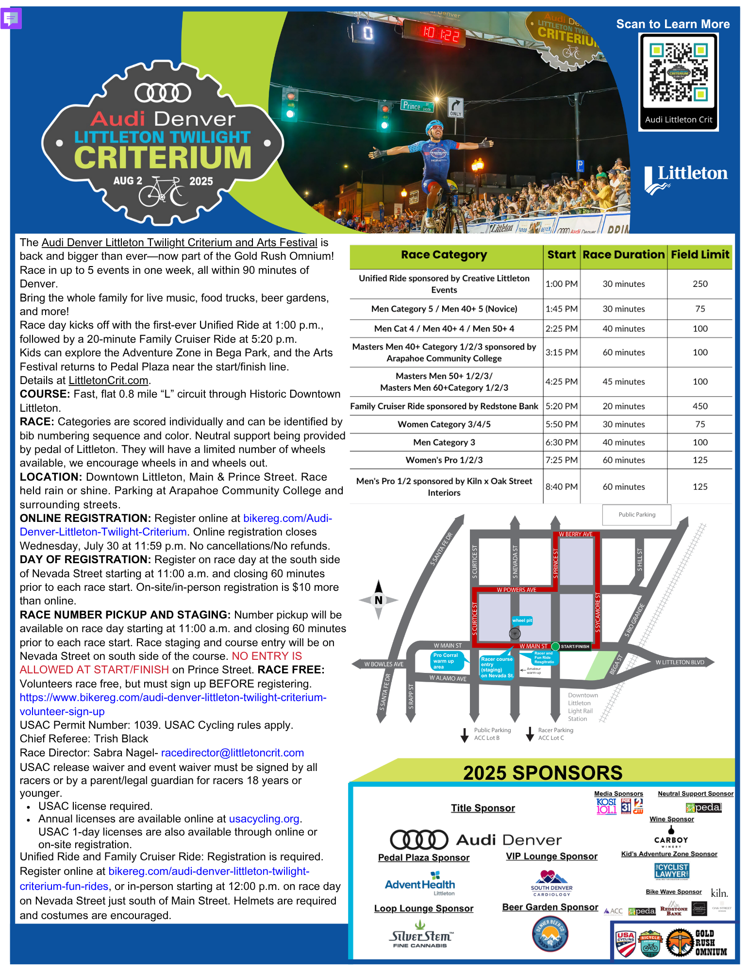 Event flyer for the 2025 Littleton Twilight Criterium with race details, schedule, map, and sponsors.