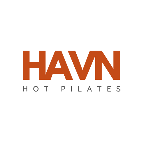 Logo with bold orange text "HAVN" above smaller gray text "HOT PILATES" on a black background.