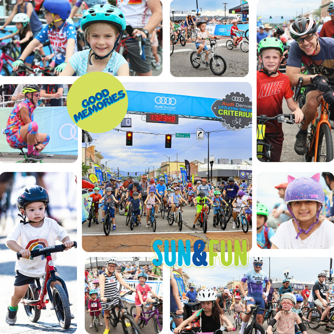 Children and adults ride bikes at an outdoor cycling event, smiling and wearing helmets.