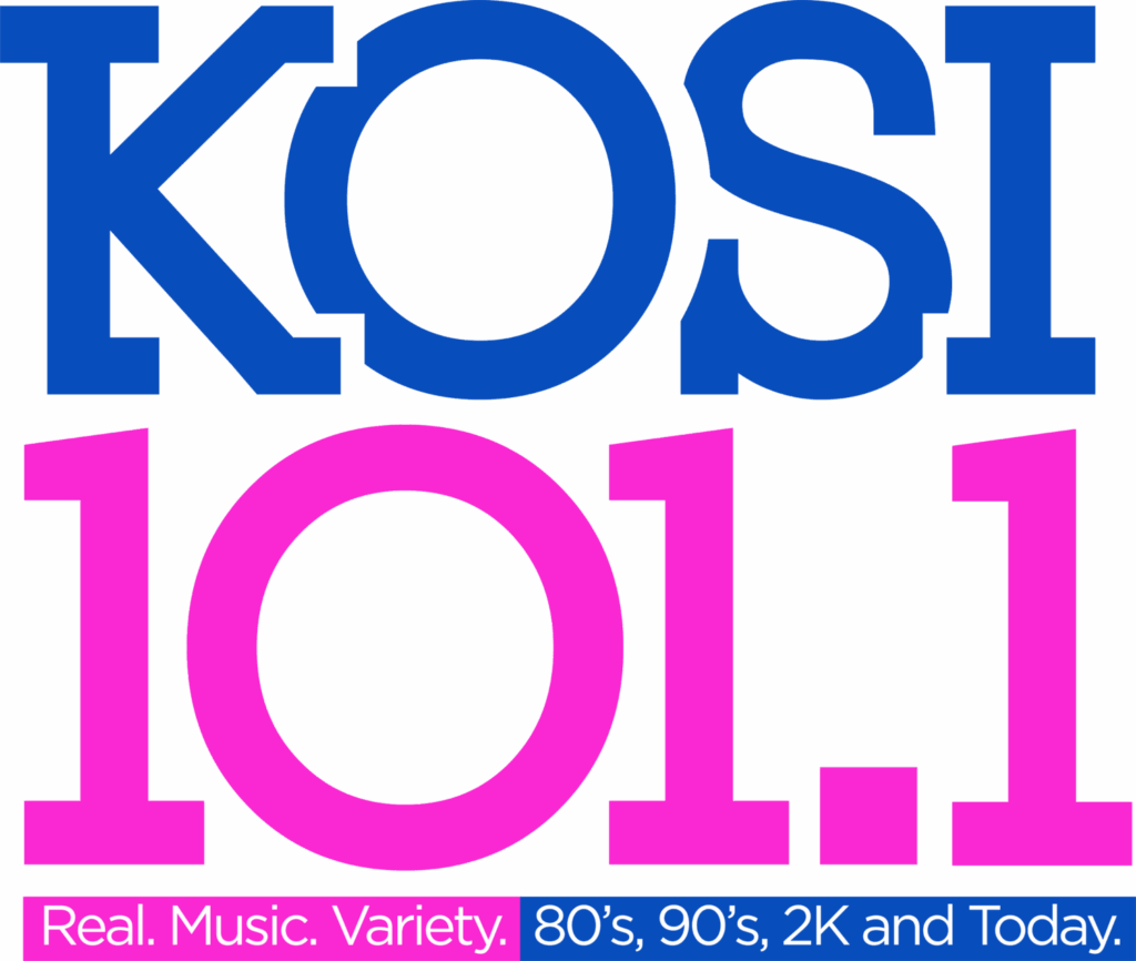 KOSI 101.1 logo with slogan: "Real. Music. Variety. 80’s, 90’s, 2K and Today.