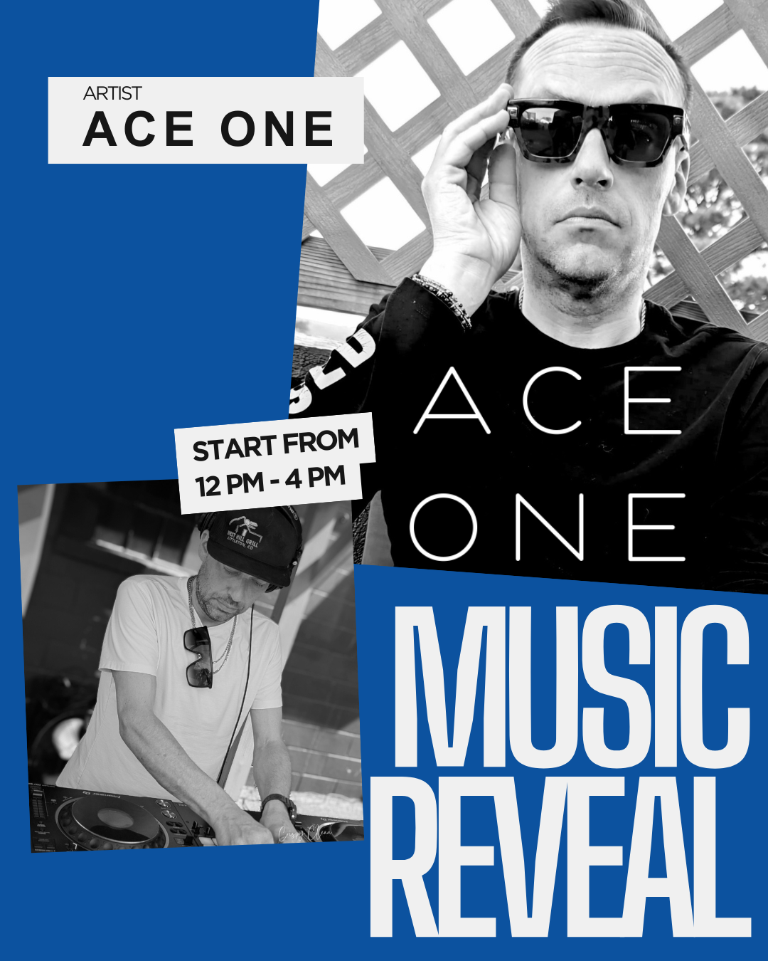 Black and white poster for Ace One music event on August 2, 2025, with DJ photos and event details.